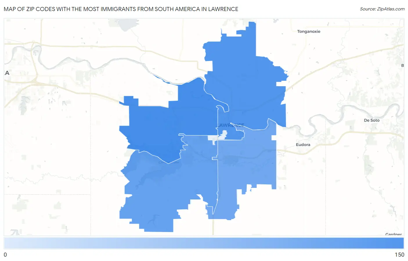 Zip Codes with the Most Immigrants from South America in Lawrence Map