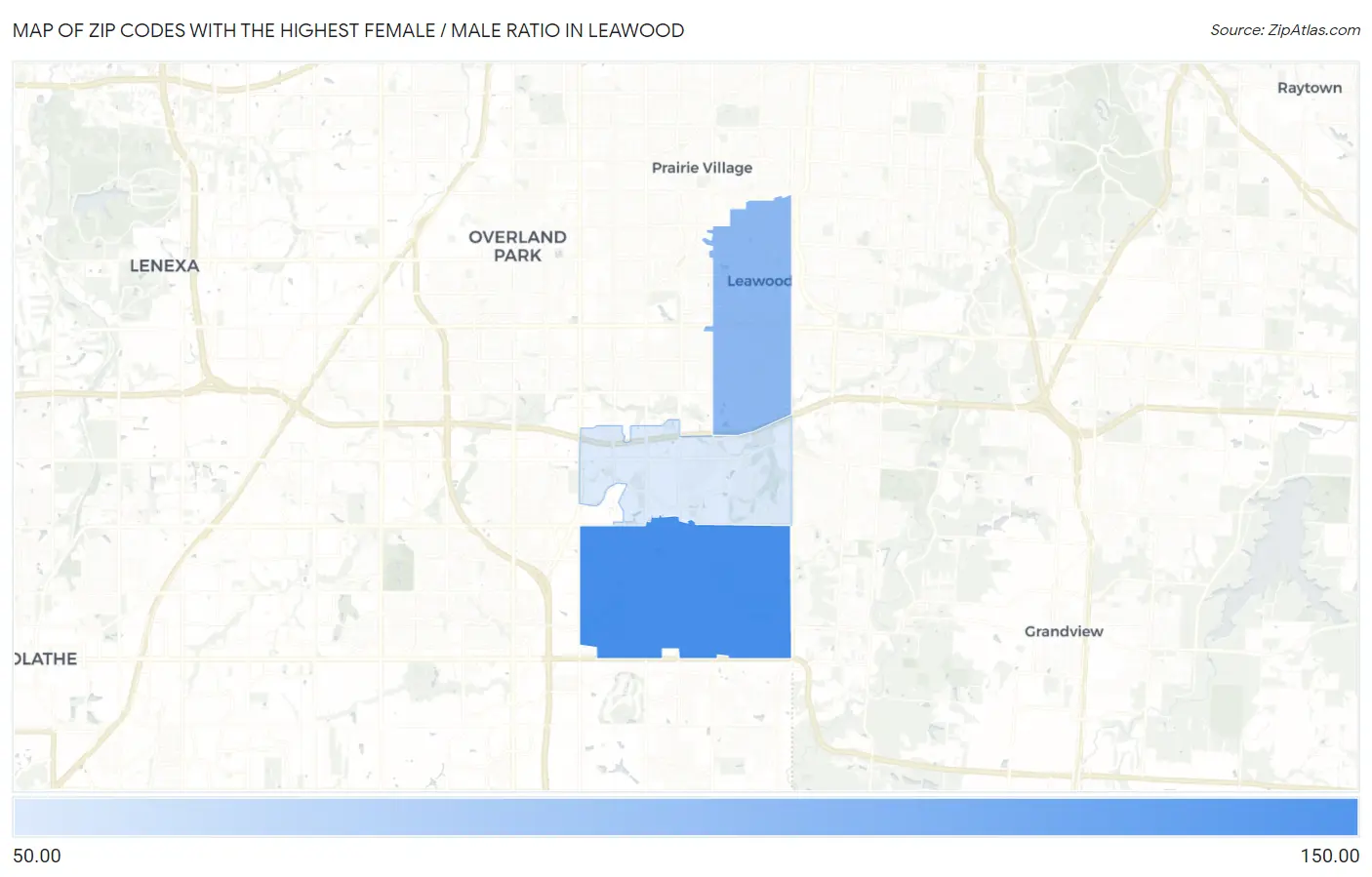 Zip Codes with the Highest Female / Male Ratio in Leawood Map