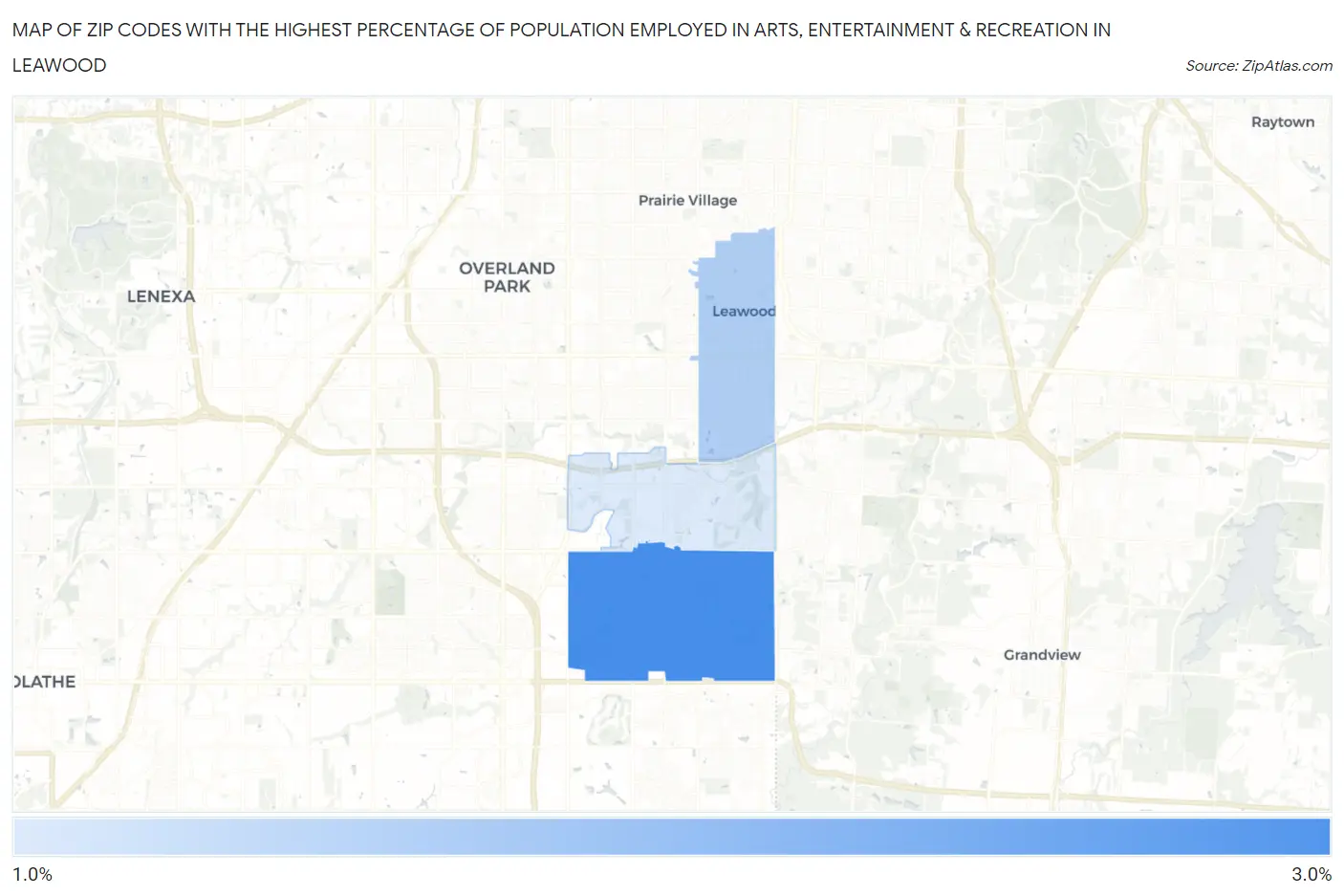 Zip Codes with the Highest Percentage of Population Employed in Arts, Entertainment & Recreation in Leawood Map