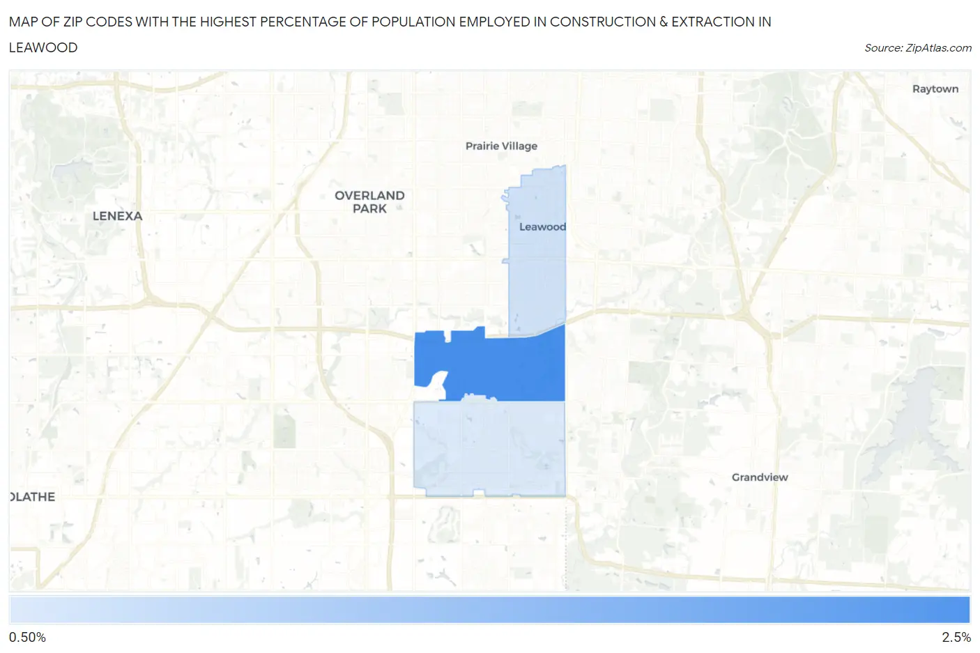 Zip Codes with the Highest Percentage of Population Employed in Construction & Extraction in Leawood Map