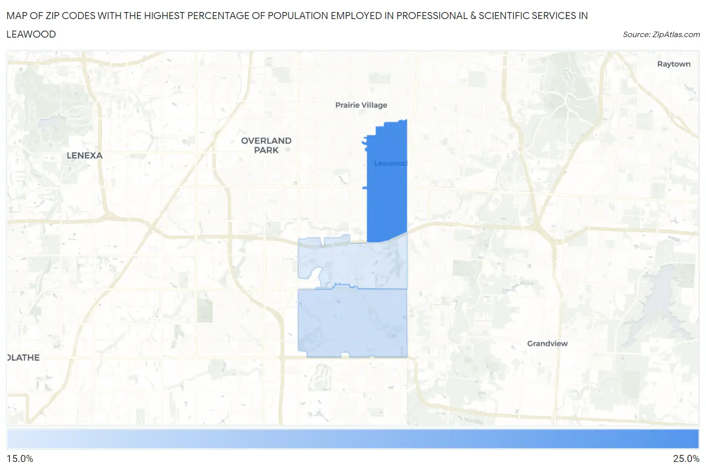 Zip Codes with the Highest Percentage of Population Employed in Professional & Scientific Services in Leawood Map