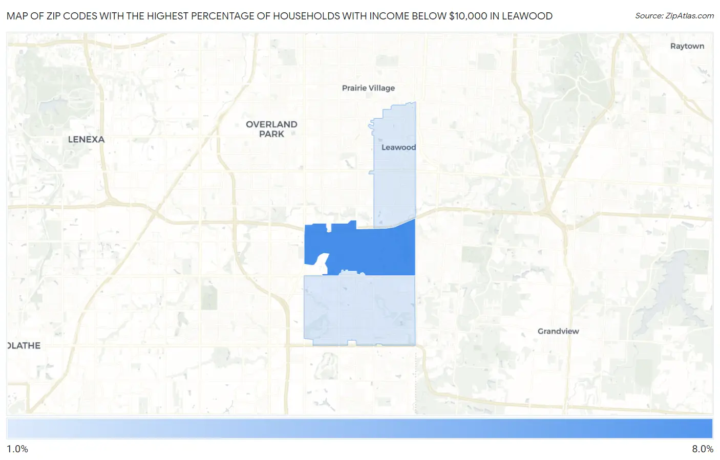 Zip Codes with the Highest Percentage of Households with Income Below $10,000 in Leawood Map