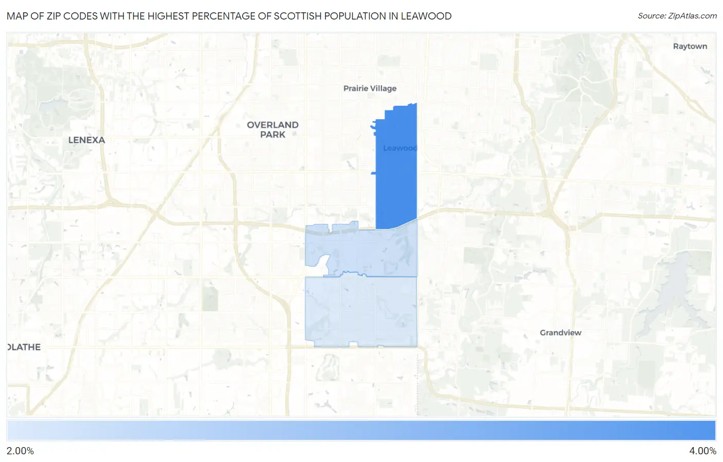 Zip Codes with the Highest Percentage of Scottish Population in Leawood Map