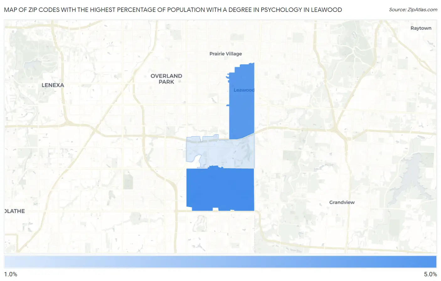 Zip Codes with the Highest Percentage of Population with a Degree in Psychology in Leawood Map