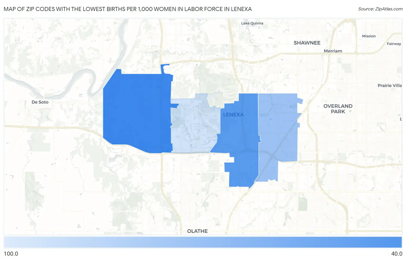 Zip Codes with the Lowest Births per 1,000 Women in Labor Force in Lenexa Map