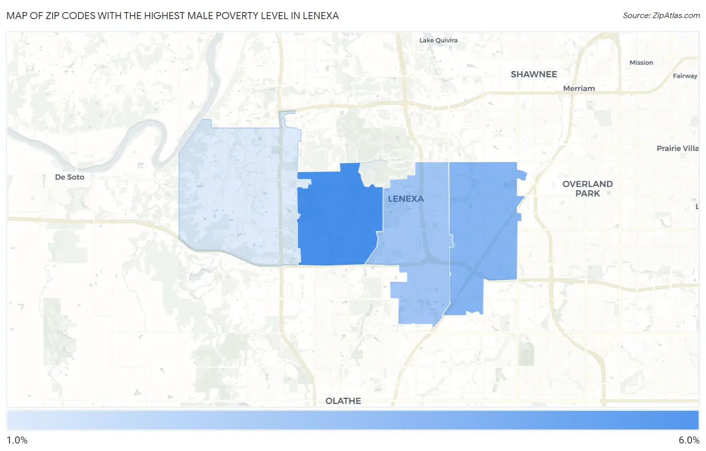 Zip Codes with the Highest Male Poverty Level in Lenexa Map