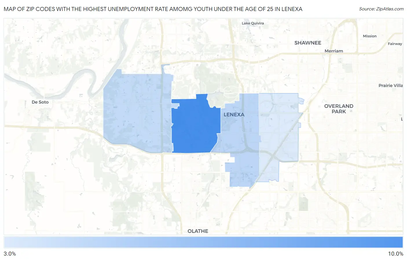 Zip Codes with the Highest Unemployment Rate Amomg Youth Under the Age of 25 in Lenexa Map