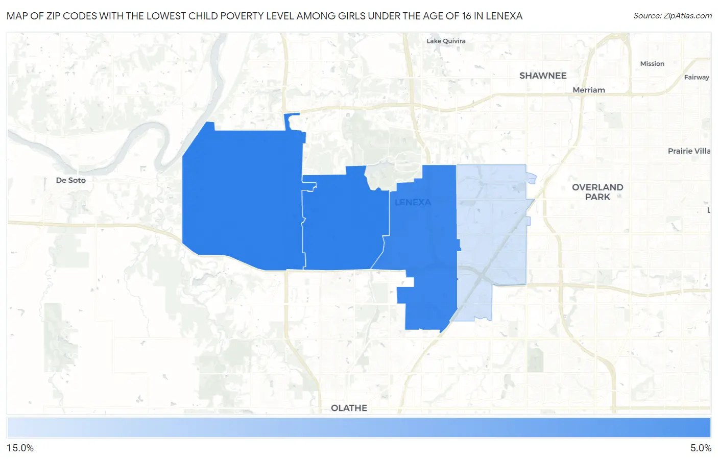 Zip Codes with the Lowest Child Poverty Level Among Girls Under the Age of 16 in Lenexa Map