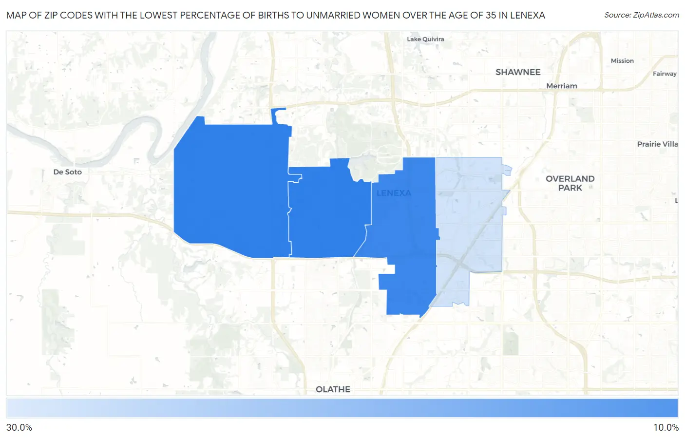 Zip Codes with the Lowest Percentage of Births to Unmarried Women over the Age of 35 in Lenexa Map
