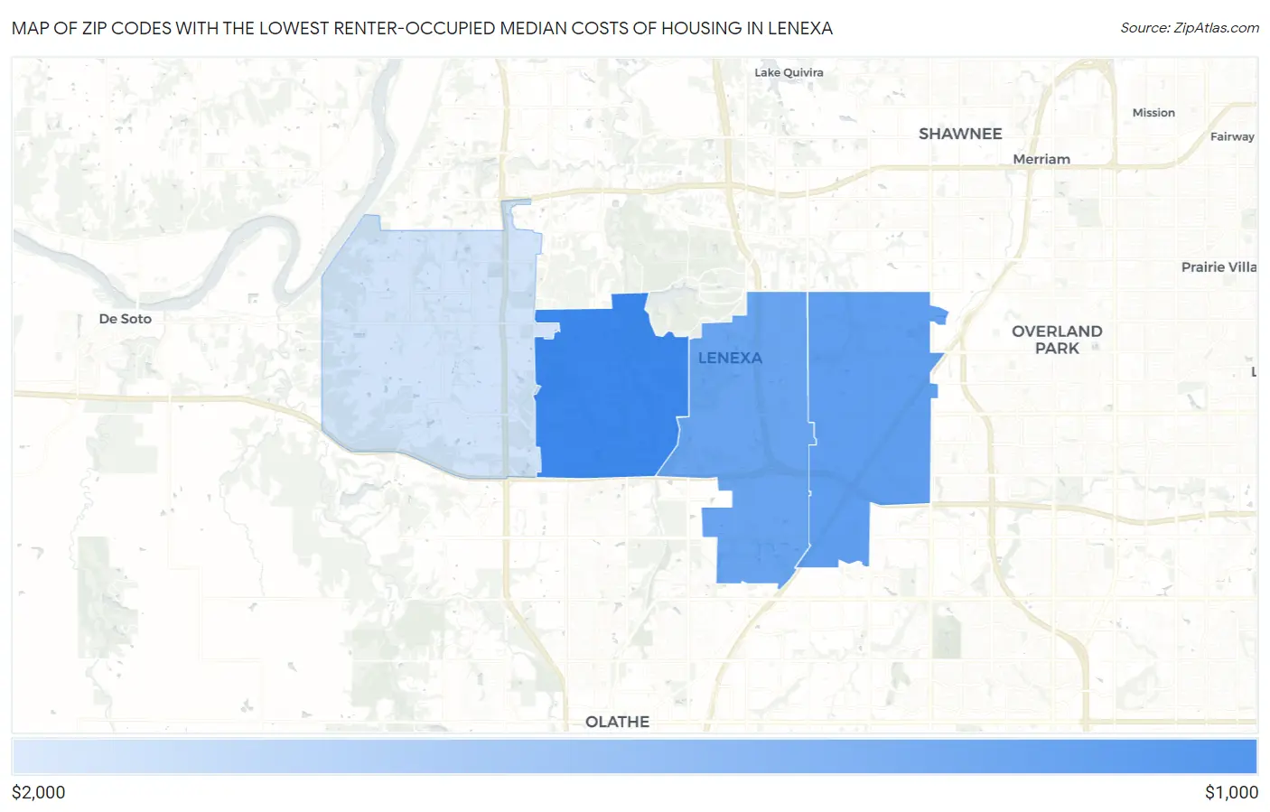 Zip Codes with the Lowest Renter-Occupied Median Costs of Housing in Lenexa Map