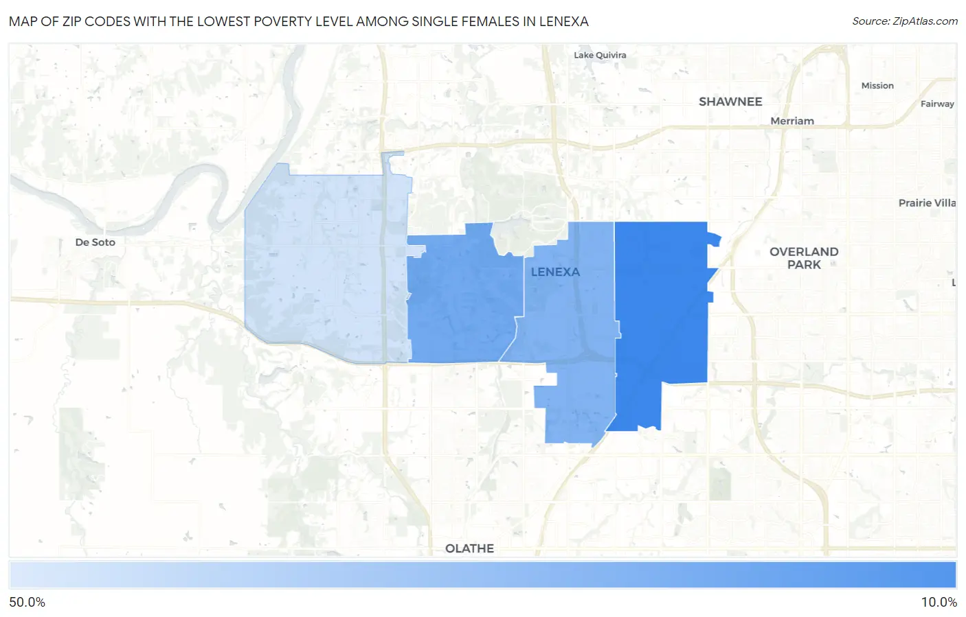 Zip Codes with the Lowest Poverty Level Among Single Females in Lenexa Map