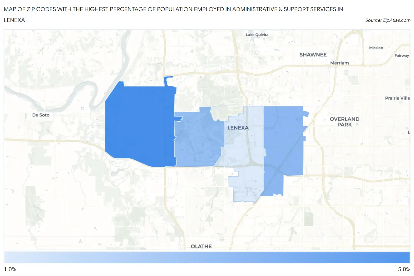 Zip Codes with the Highest Percentage of Population Employed in Administrative & Support Services in Lenexa Map