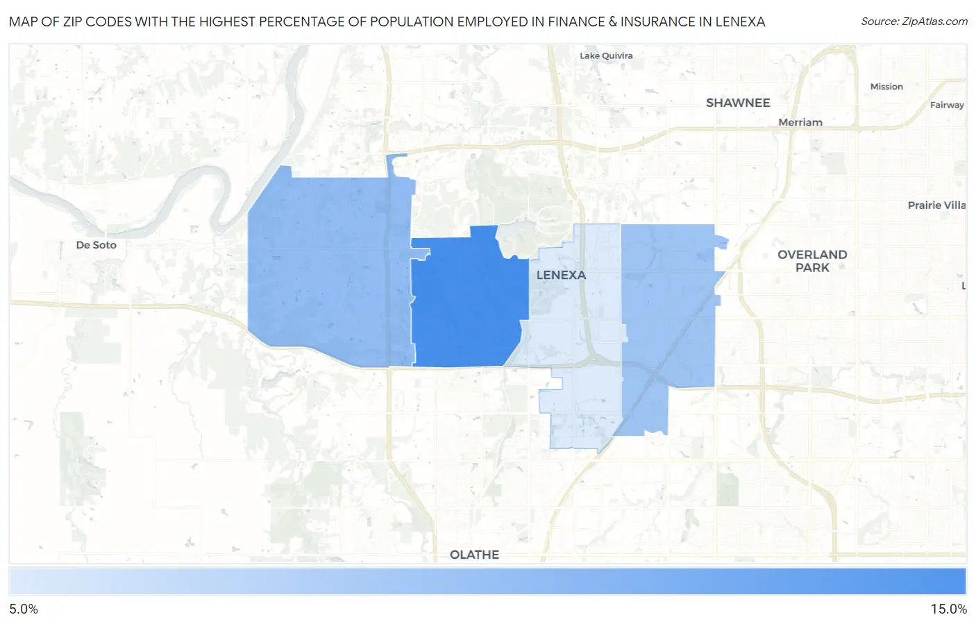Zip Codes with the Highest Percentage of Population Employed in Finance & Insurance in Lenexa Map