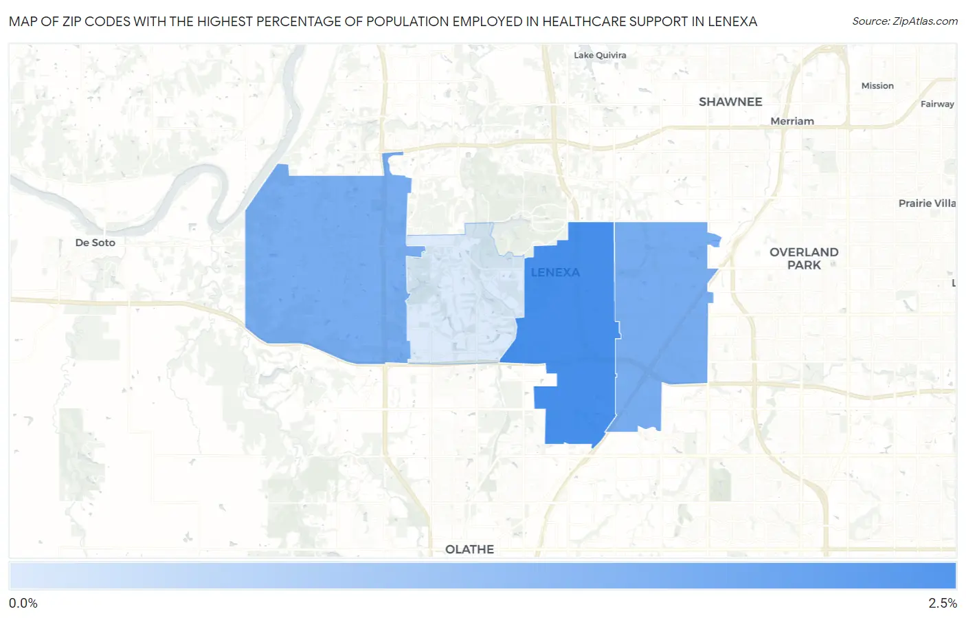 Zip Codes with the Highest Percentage of Population Employed in Healthcare Support in Lenexa Map