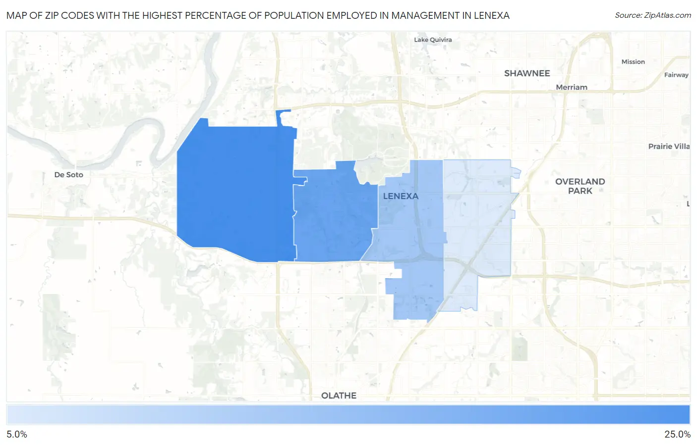 Zip Codes with the Highest Percentage of Population Employed in Management in Lenexa Map