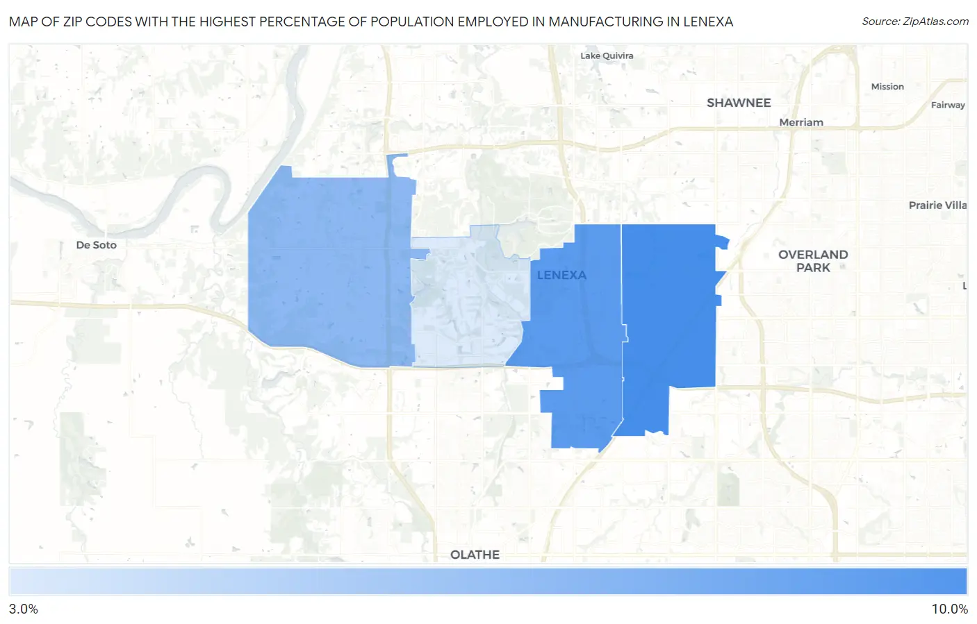 Zip Codes with the Highest Percentage of Population Employed in Manufacturing in Lenexa Map