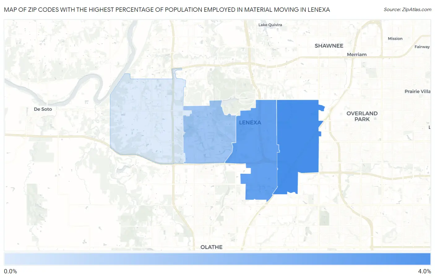 Zip Codes with the Highest Percentage of Population Employed in Material Moving in Lenexa Map