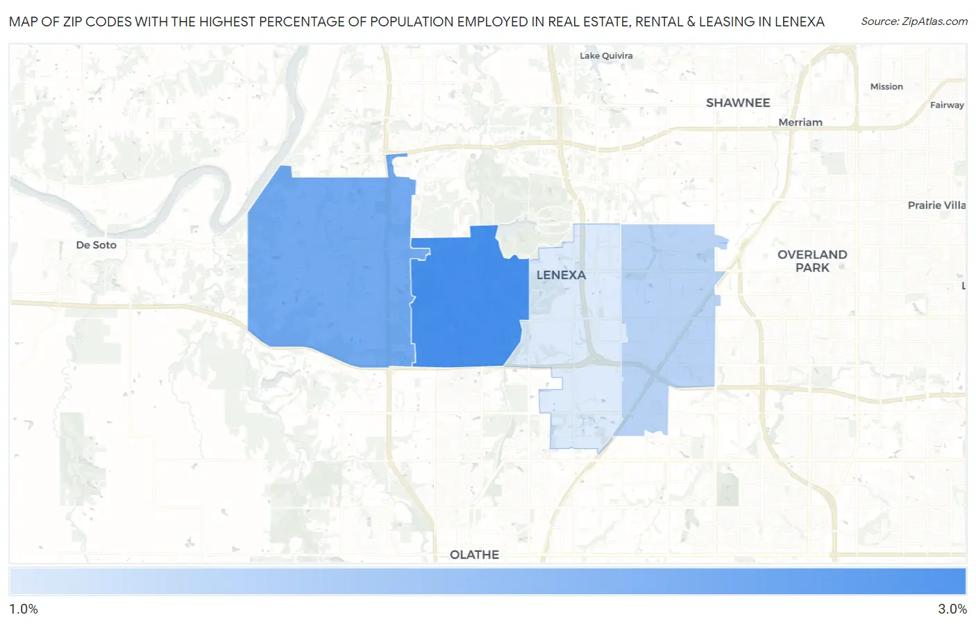 Zip Codes with the Highest Percentage of Population Employed in Real Estate, Rental & Leasing in Lenexa Map