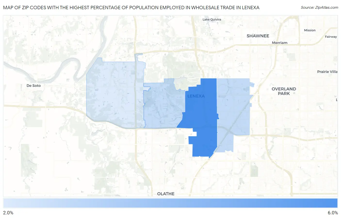 Zip Codes with the Highest Percentage of Population Employed in Wholesale Trade in Lenexa Map