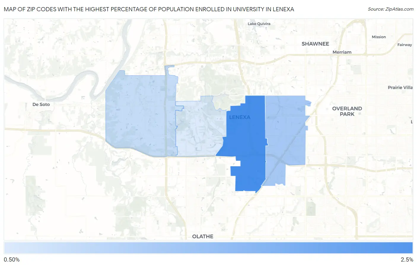 Zip Codes with the Highest Percentage of Population Enrolled in University in Lenexa Map