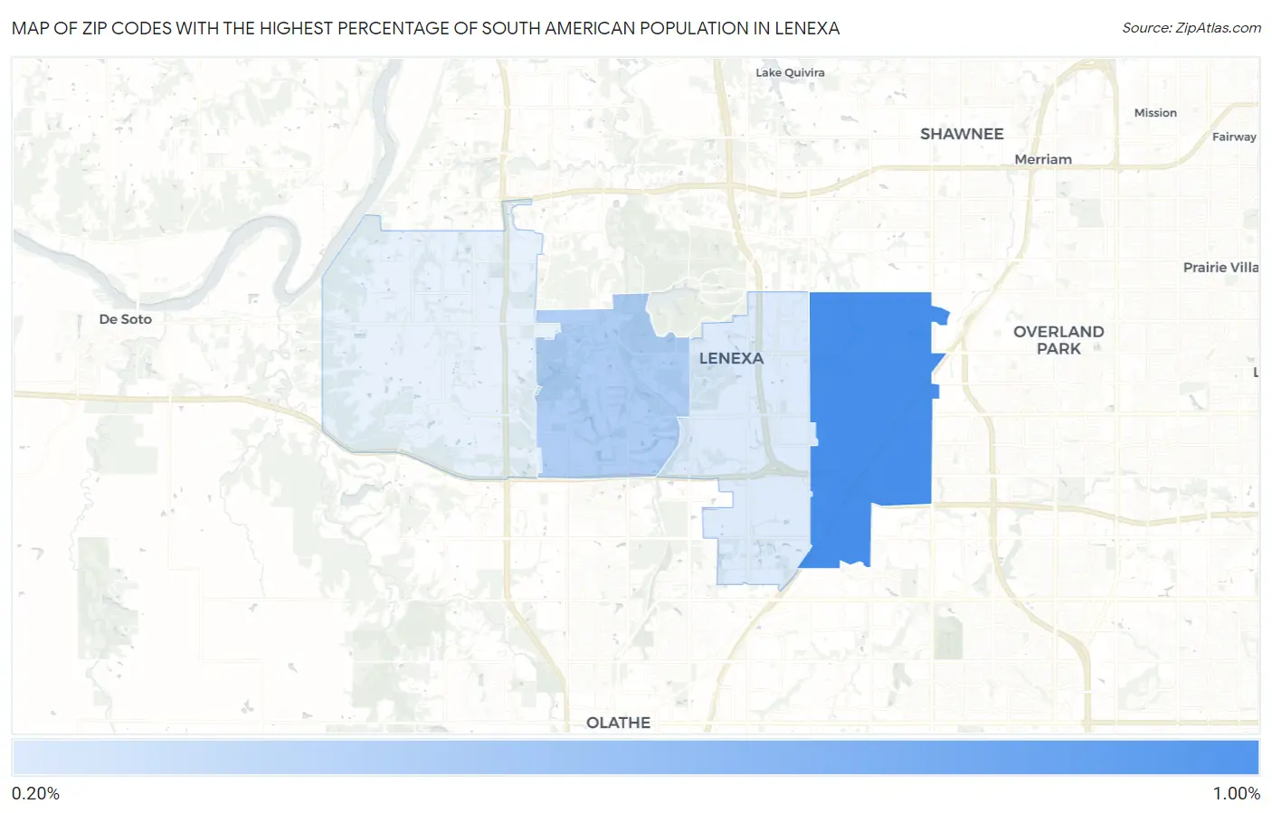 Zip Codes with the Highest Percentage of South American Population in Lenexa Map