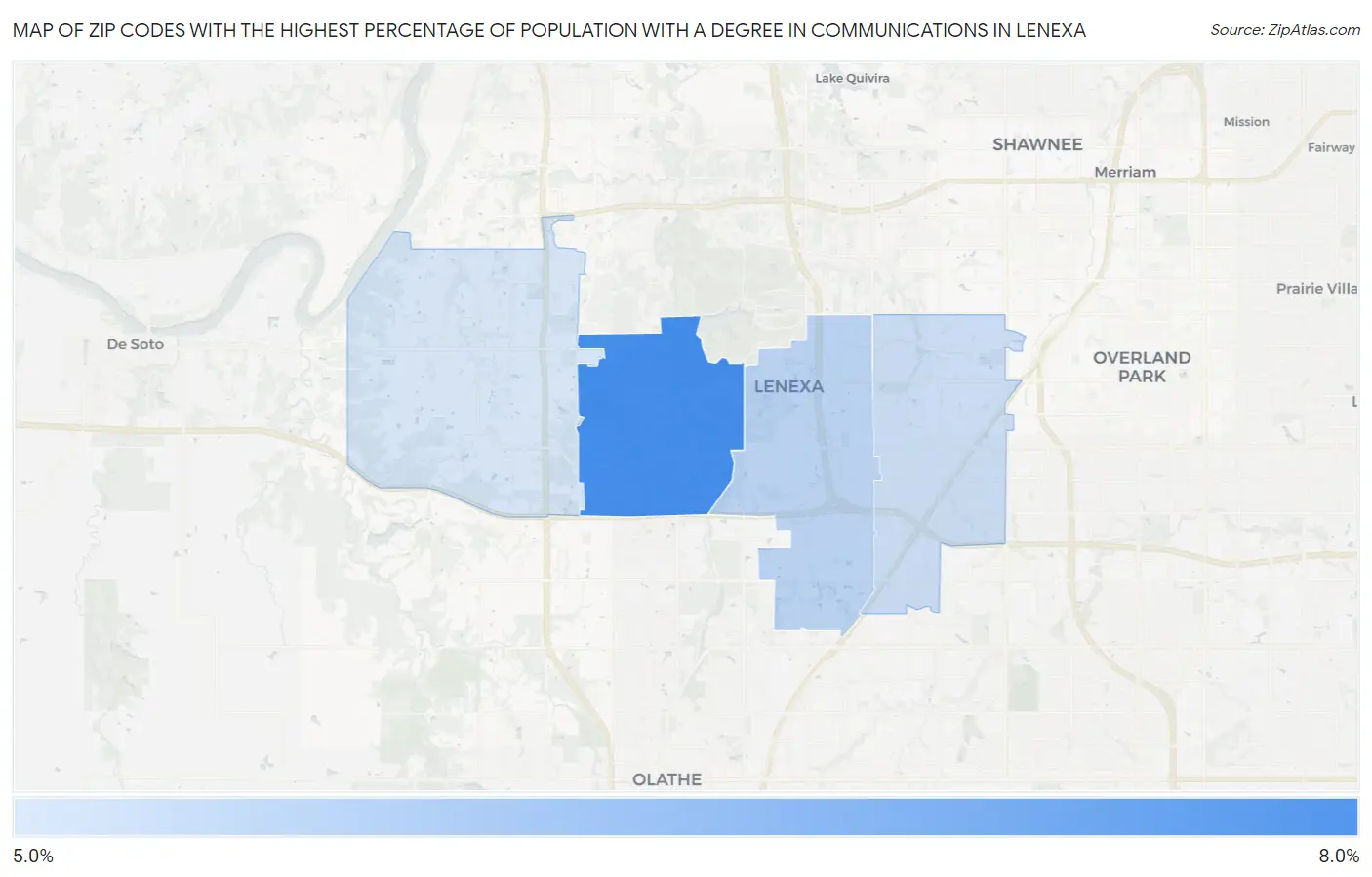 Zip Codes with the Highest Percentage of Population with a Degree in Communications in Lenexa Map