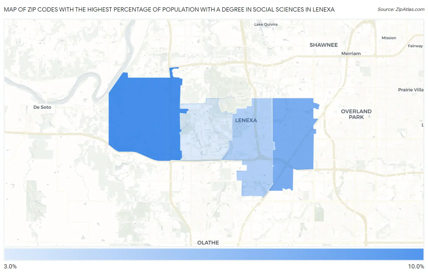 Zip Codes with the Highest Percentage of Population with a Degree in Social Sciences in Lenexa Map