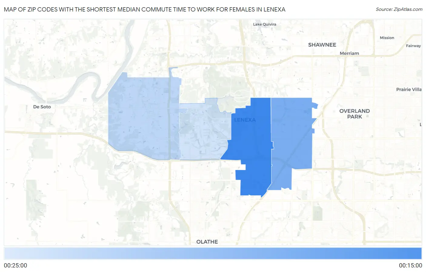 Zip Codes with the Shortest Median Commute Time to Work for Females in Lenexa Map