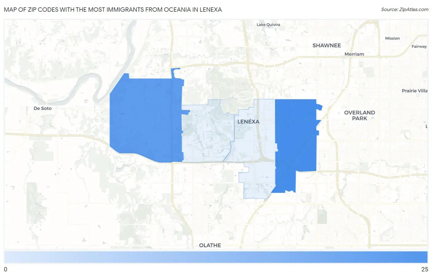Zip Codes with the Most Immigrants from Oceania in Lenexa Map