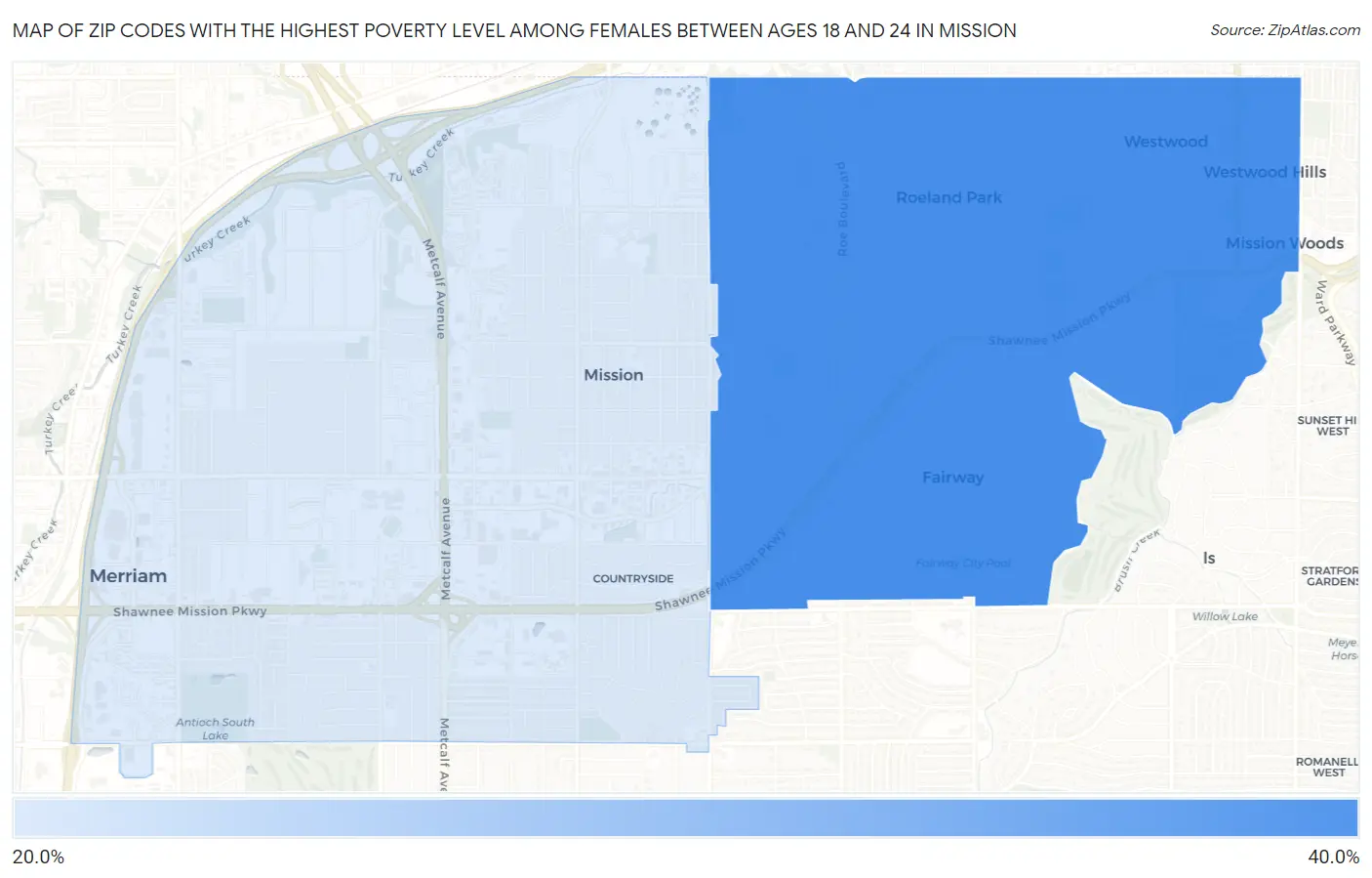 Zip Codes with the Highest Poverty Level Among Females Between Ages 18 and 24 in Mission Map