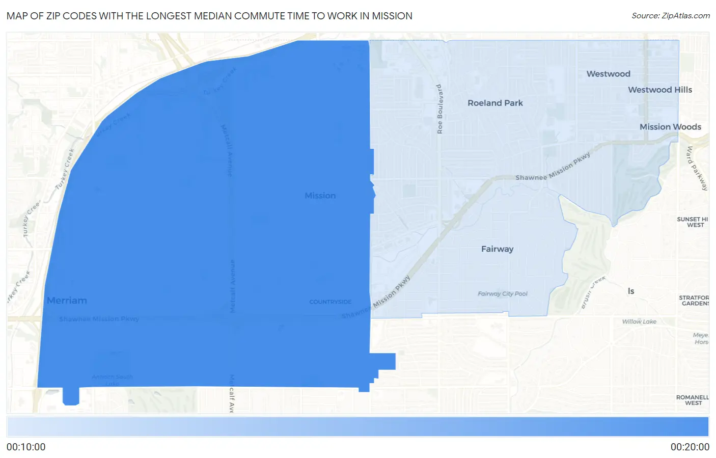Zip Codes with the Longest Median Commute Time to Work in Mission Map