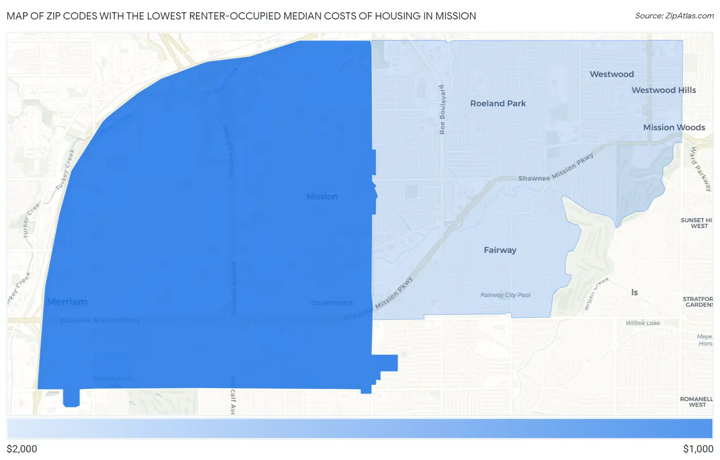 Zip Codes with the Lowest Renter-Occupied Median Costs of Housing in Mission Map