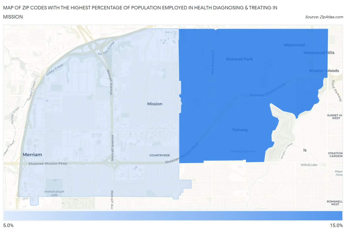 Zip Codes with the Highest Percentage of Population Employed in Health Diagnosing & Treating in Mission Map
