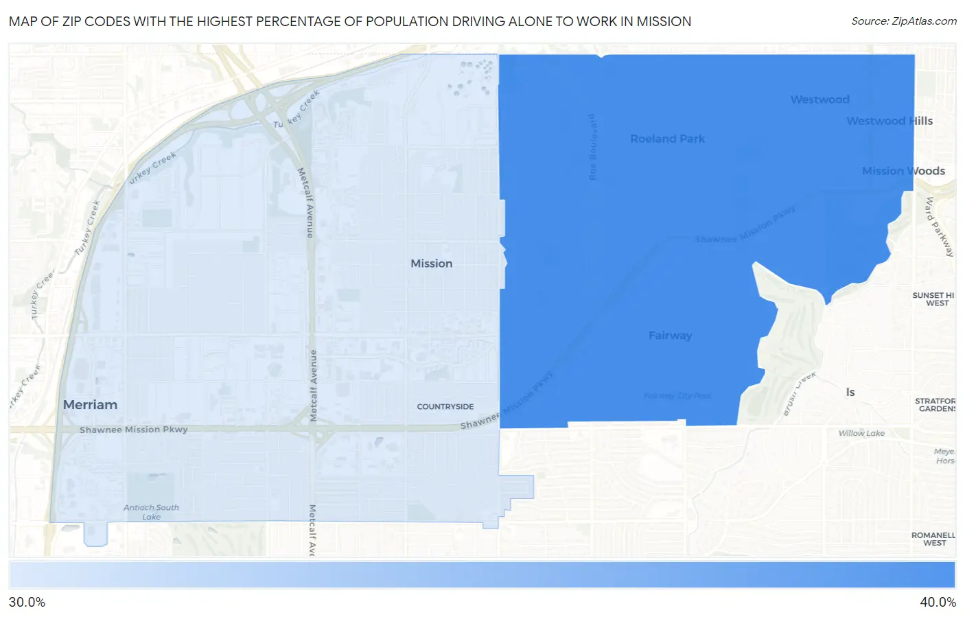 Zip Codes with the Highest Percentage of Population Driving Alone to Work in Mission Map