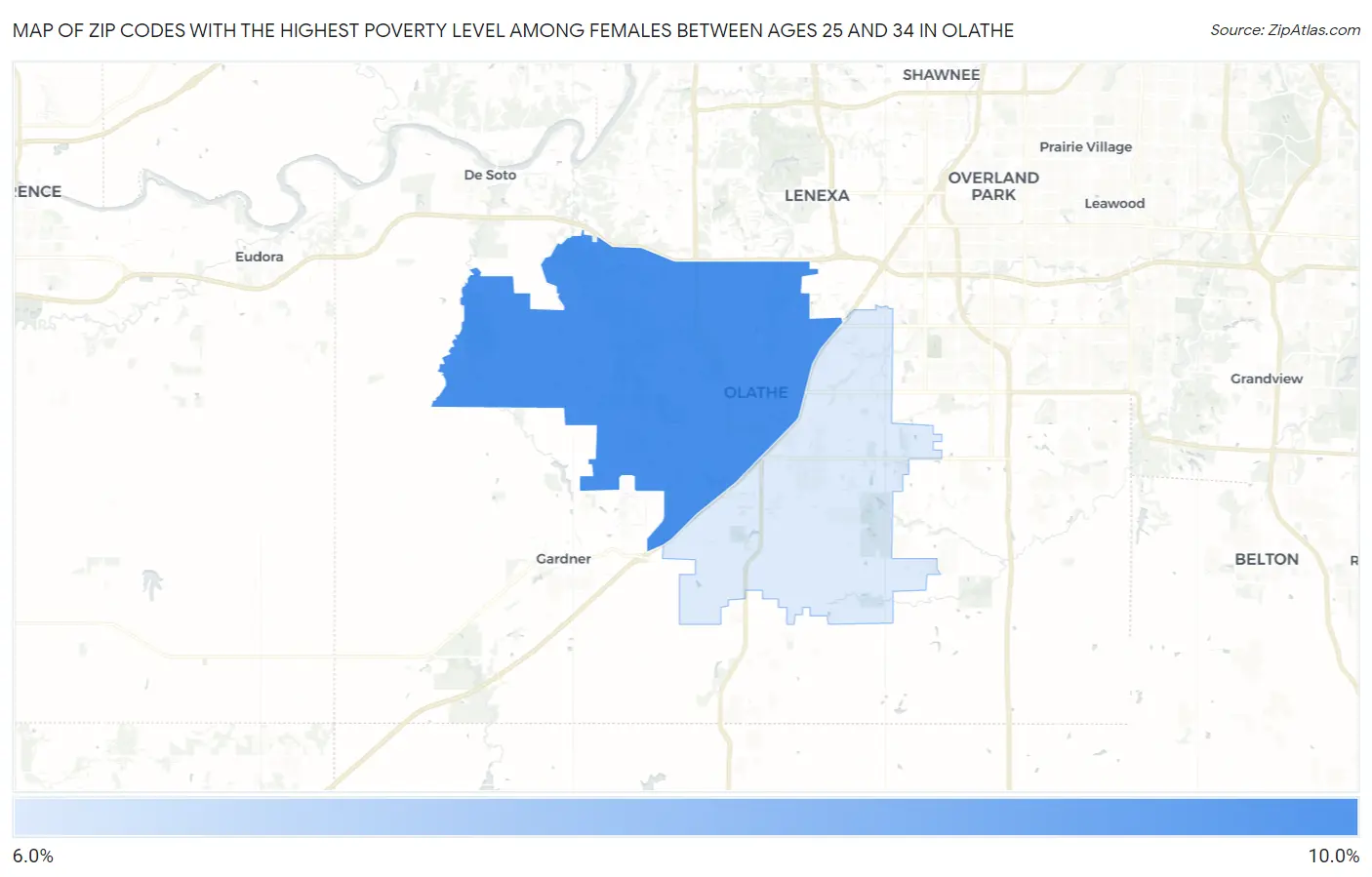 Zip Codes with the Highest Poverty Level Among Females Between Ages 25 and 34 in Olathe Map