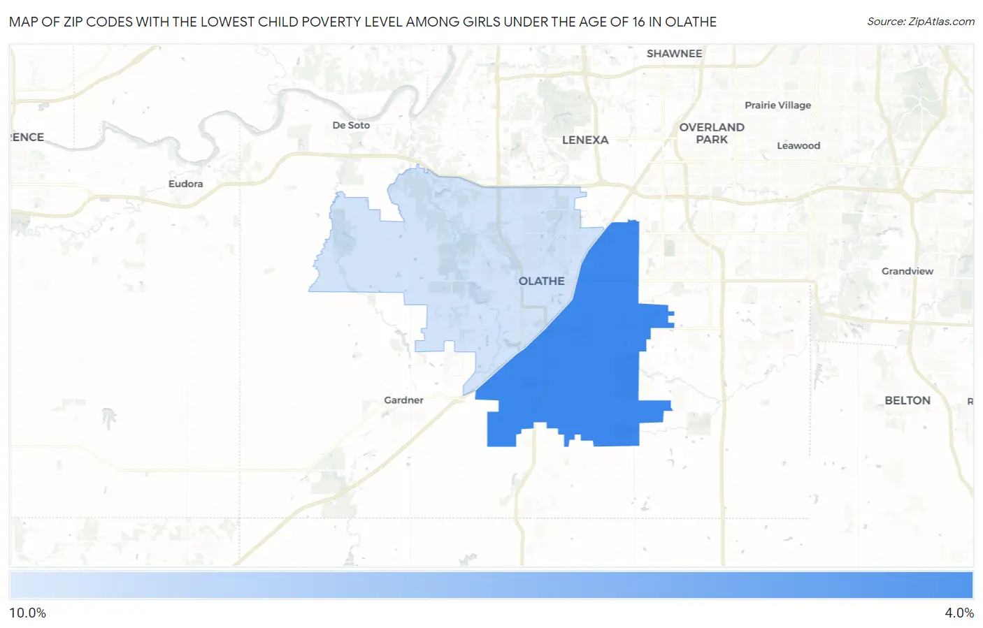Zip Codes with the Lowest Child Poverty Level Among Girls Under the Age of 16 in Olathe Map