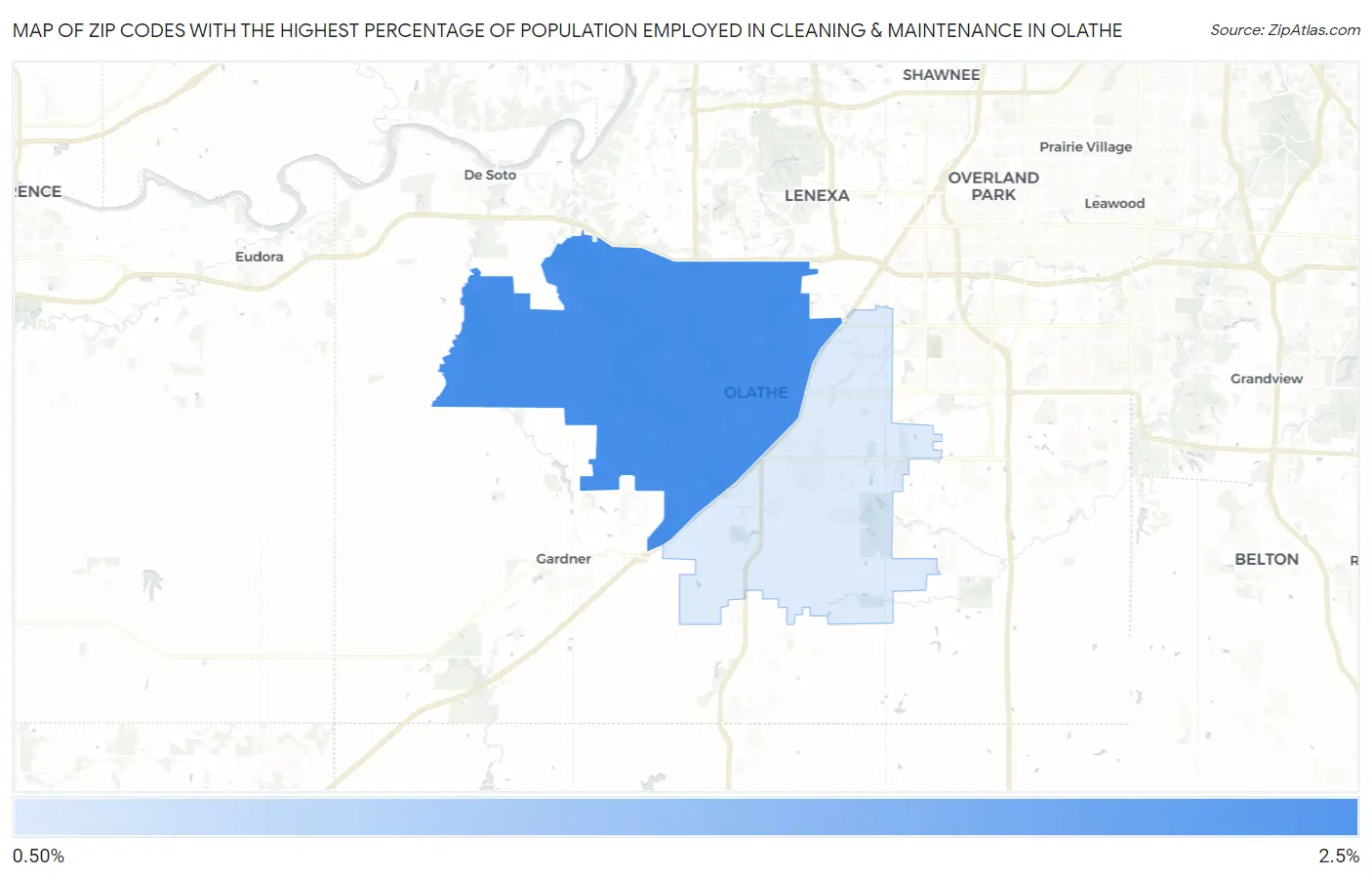 Zip Codes with the Highest Percentage of Population Employed in Cleaning & Maintenance in Olathe Map