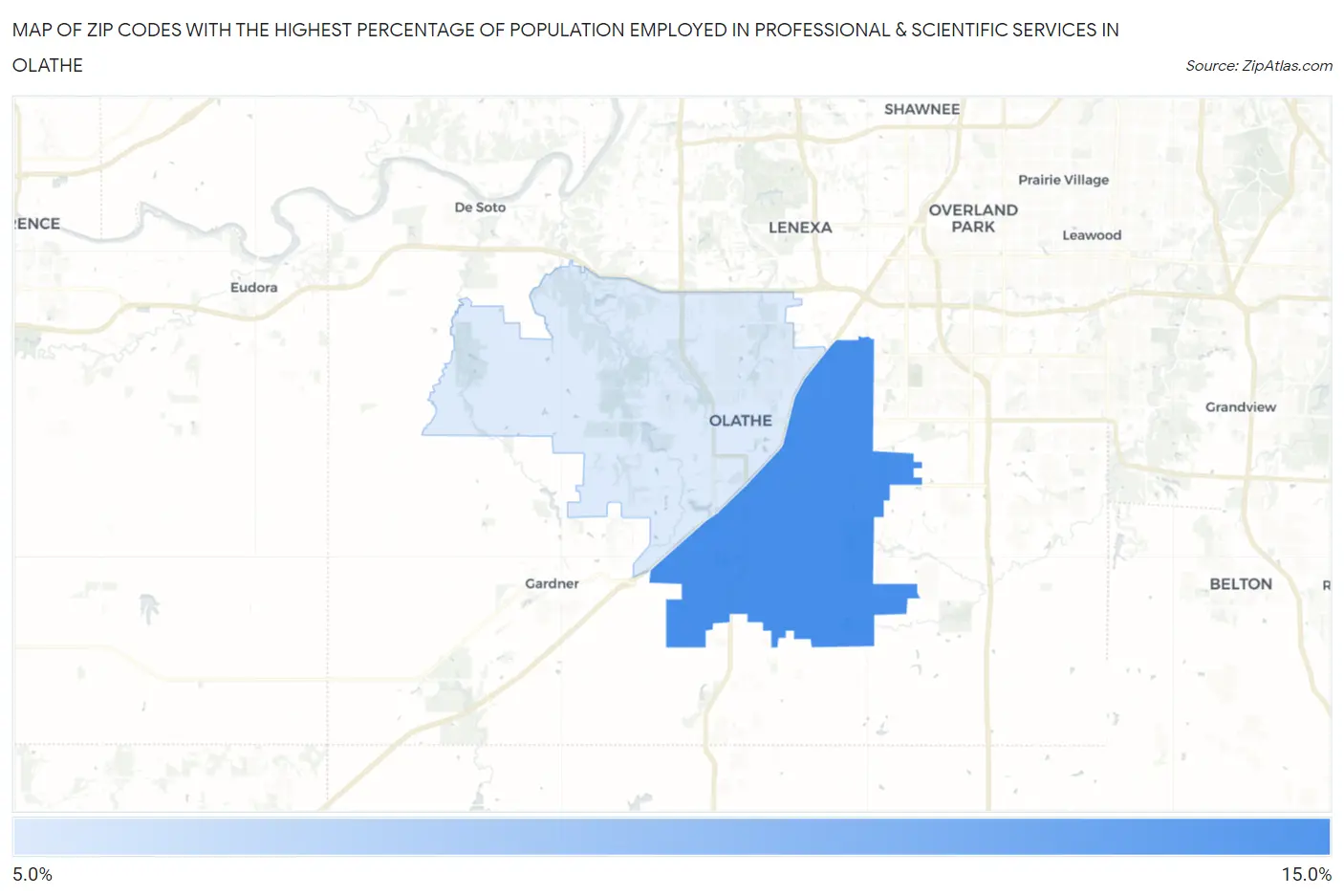 Zip Codes with the Highest Percentage of Population Employed in Professional & Scientific Services in Olathe Map