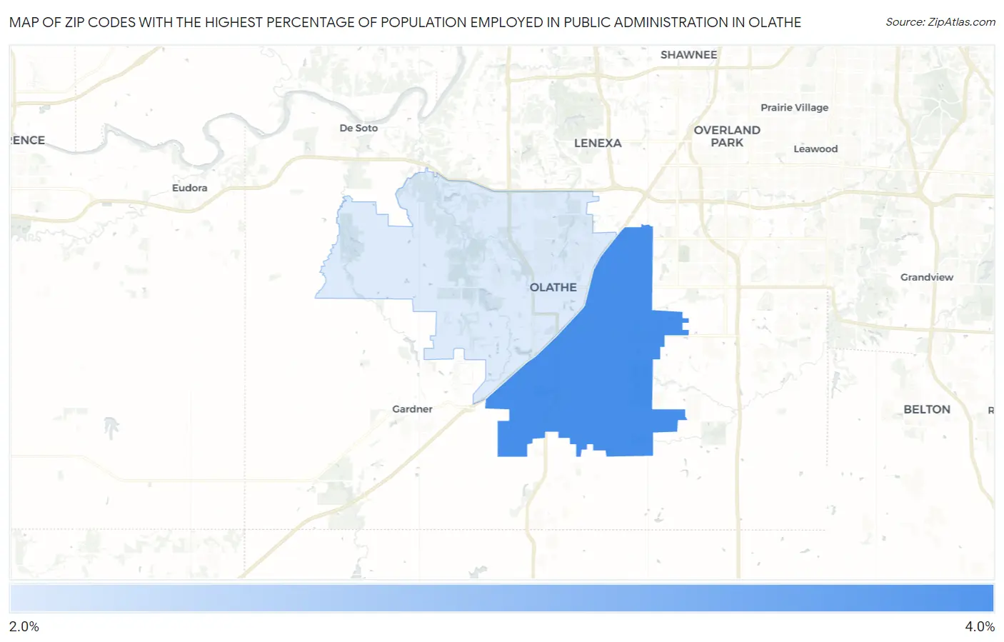 Zip Codes with the Highest Percentage of Population Employed in Public Administration in Olathe Map
