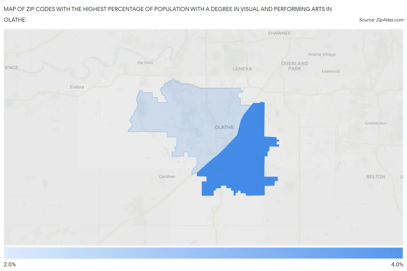 Zip Codes with the Highest Percentage of Population with a Degree in Visual and Performing Arts in Olathe Map