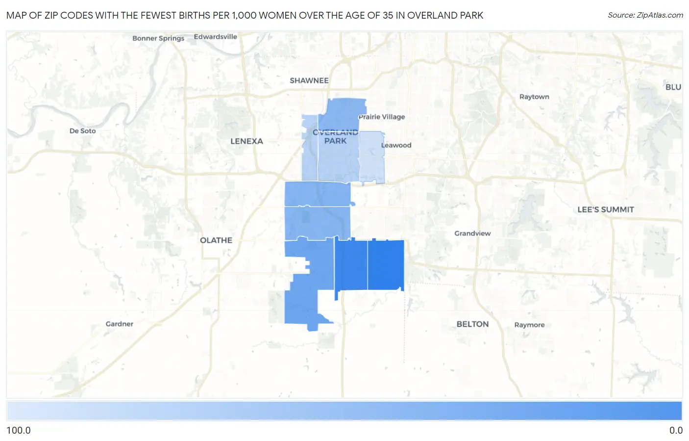 Zip Codes with the Fewest Births per 1,000 Women Over the Age of 35 in Overland Park Map