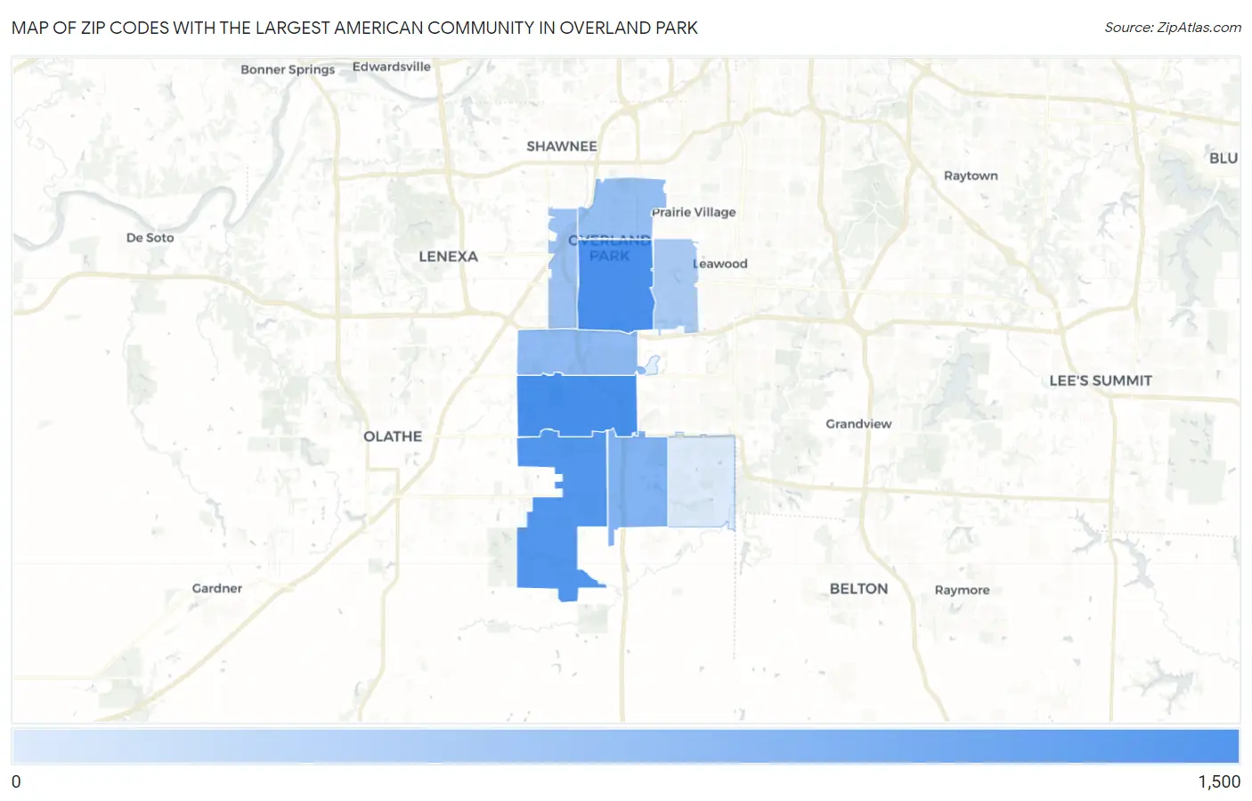 Zip Codes with the Largest American Community in Overland Park Map