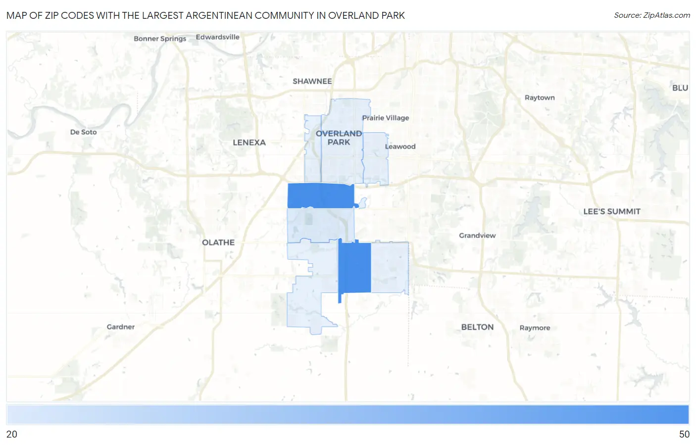 Zip Codes with the Largest Argentinean Community in Overland Park Map