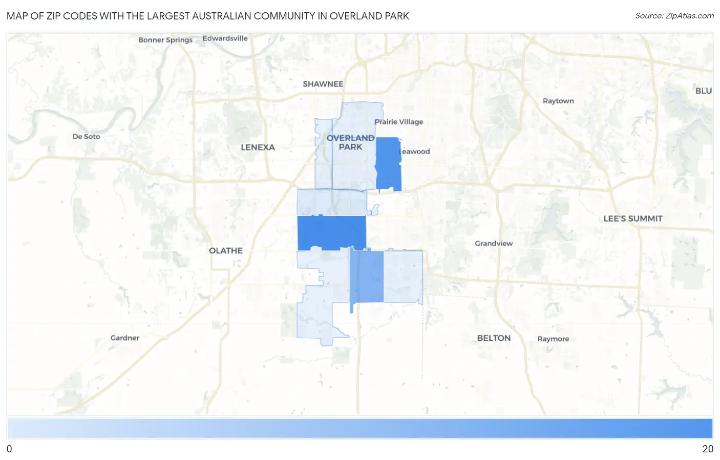 Zip Codes with the Largest Australian Community in Overland Park Map