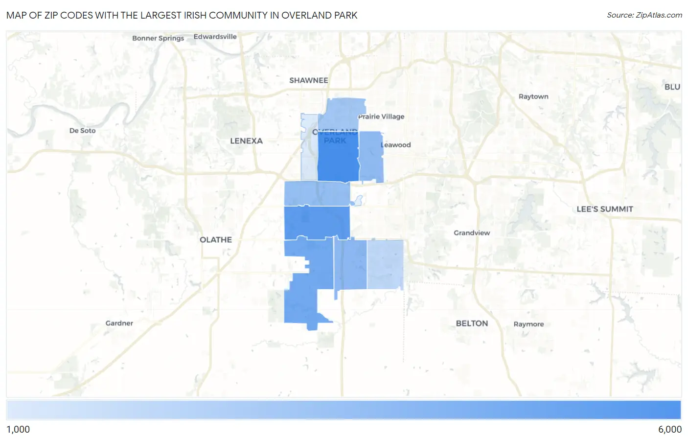 Zip Codes with the Largest Irish Community in Overland Park Map