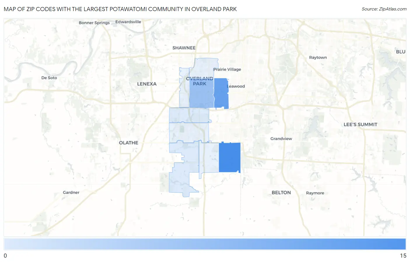 Zip Codes with the Largest Potawatomi Community in Overland Park Map