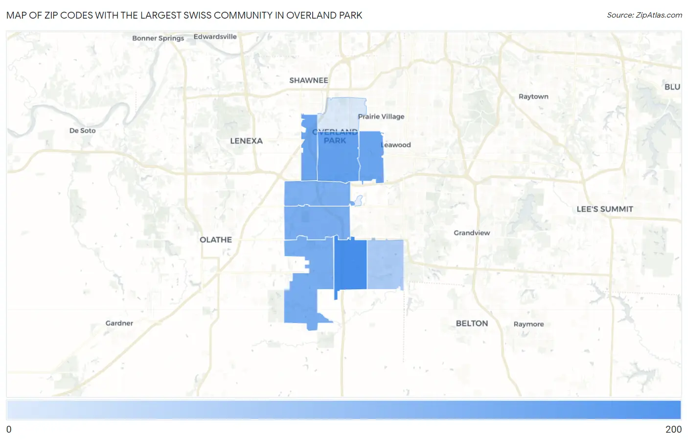 Zip Codes with the Largest Swiss Community in Overland Park Map