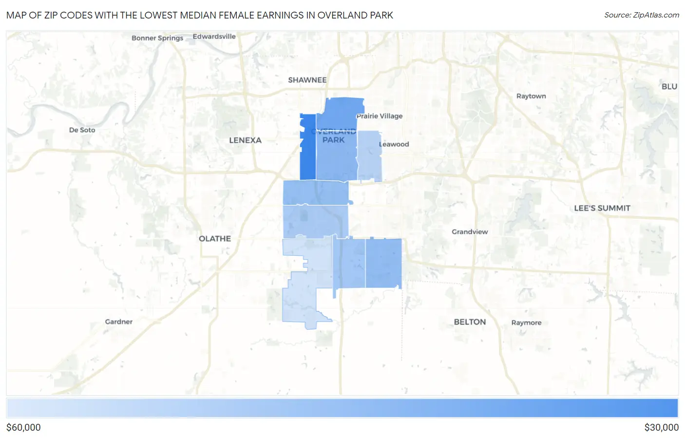 Zip Codes with the Lowest Median Female Earnings in Overland Park Map