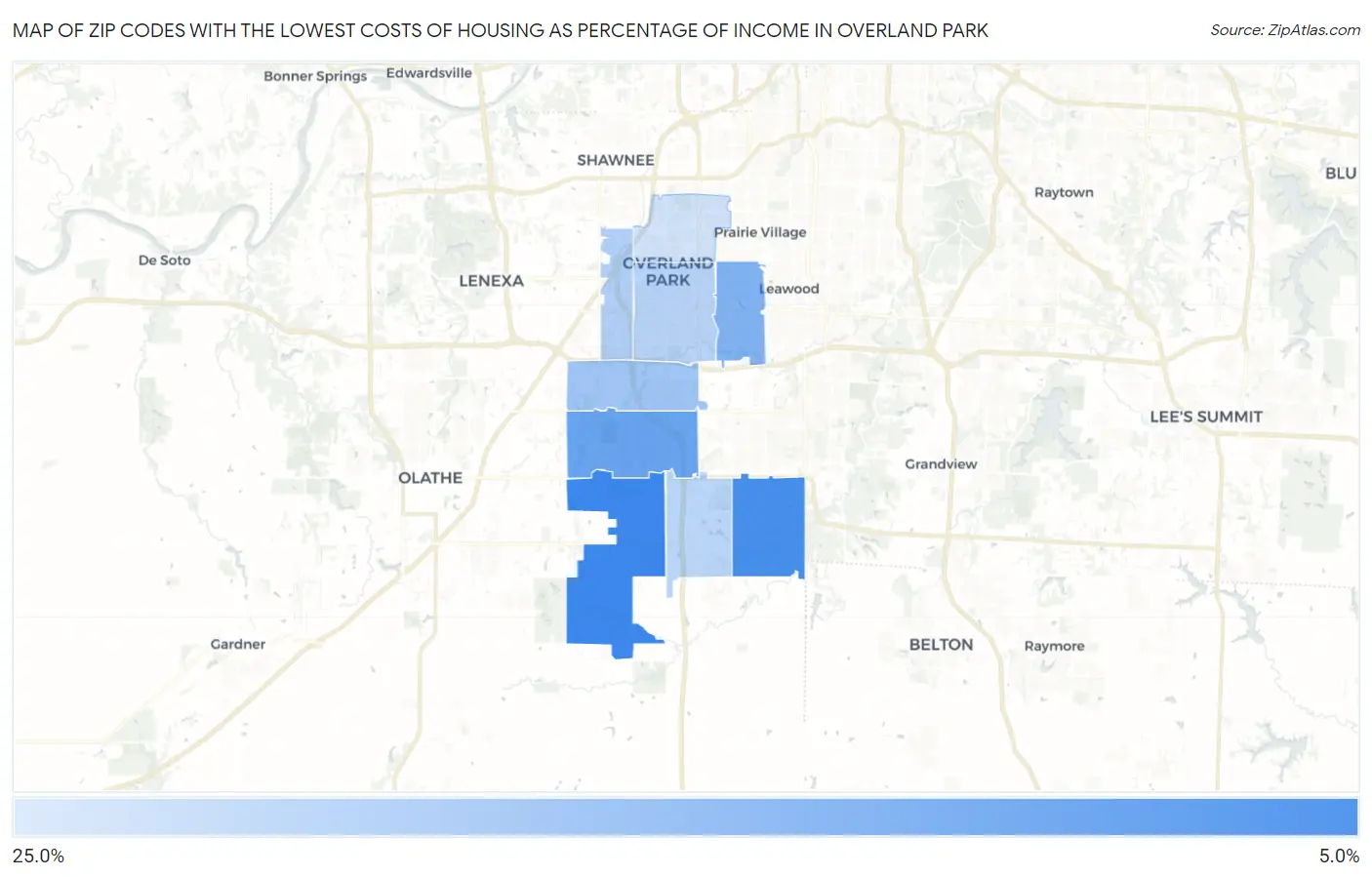 Zip Codes with the Lowest Costs of Housing as Percentage of Income in Overland Park Map
