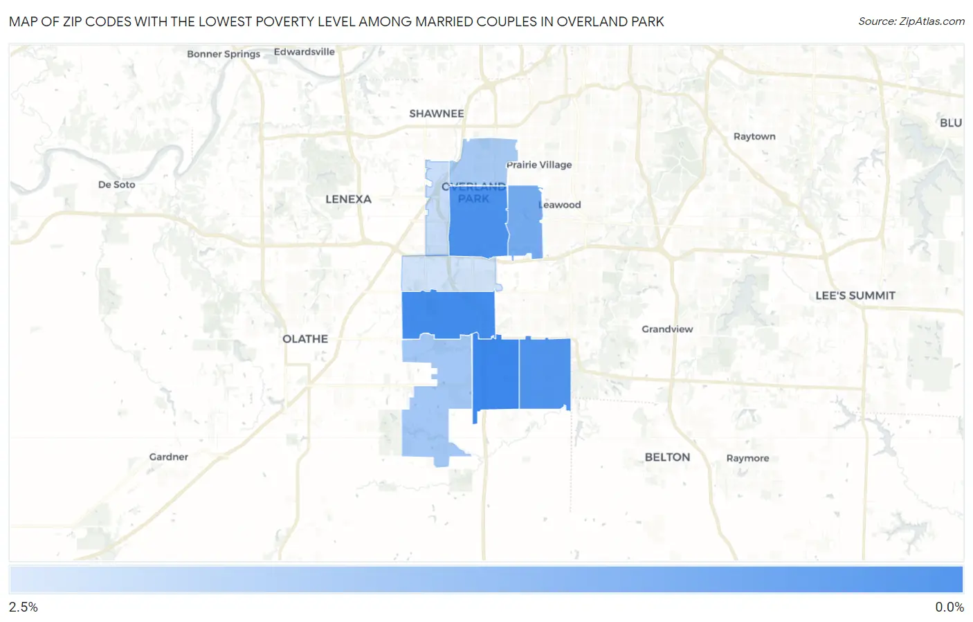 Zip Codes with the Lowest Poverty Level Among Married Couples in Overland Park Map